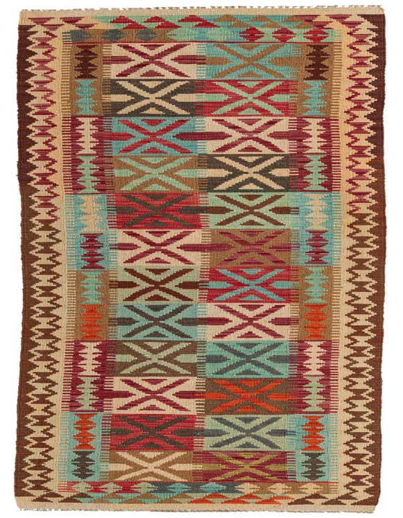 A 10 Ft Kilim Maymana runner rug with a multi-colored Southwestern tribal pattern, perfect for a hallway.