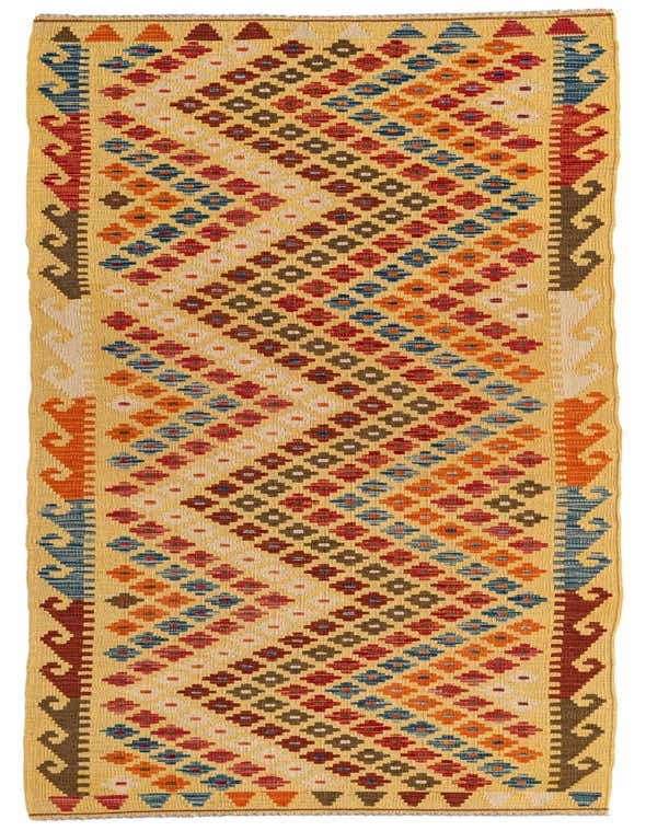 A 10 ft runner rug with a multi-colored Southwestern tribal pattern on a flatweave wool texture.