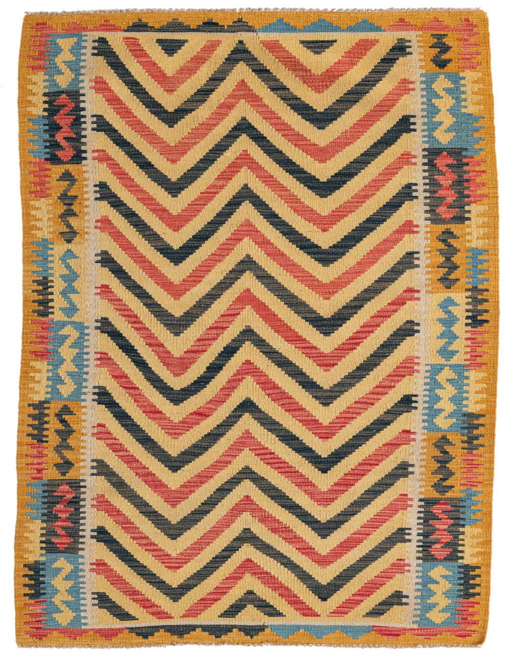 A 7 ft runner rug with a multi-colored Southwestern zigzag pattern and tribal border, ideal for hallways.