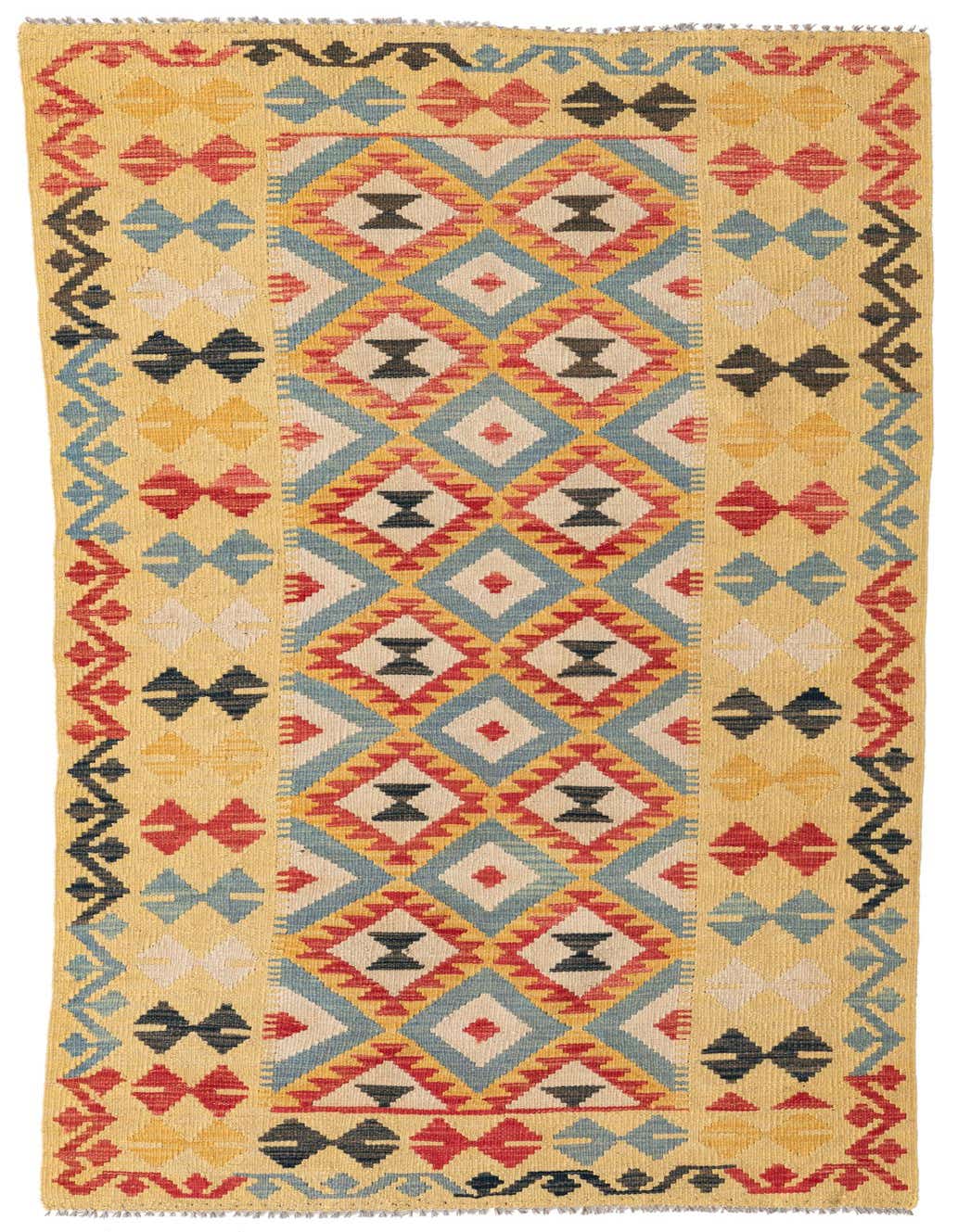 A 7 ft runner rug with a multi-colored Southwestern geometric pattern, featuring diamonds and zigzags in red, blue, yellow, and black on a light yellow background.