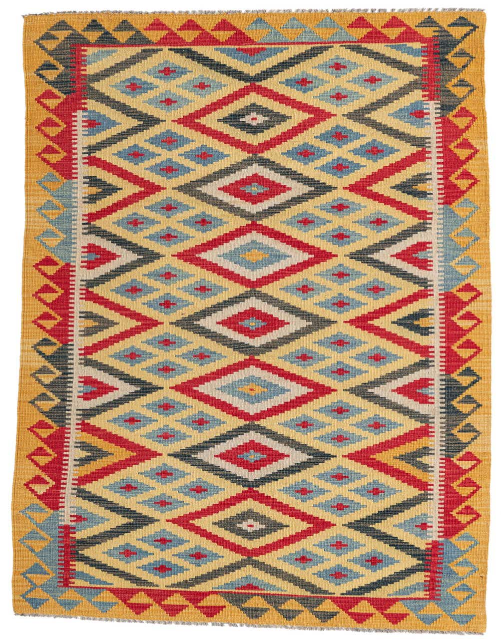 A 7 ft runner rug, the Kilim Maymana features a vibrant Southwestern geometric pattern in red, blue, yellow, and black.