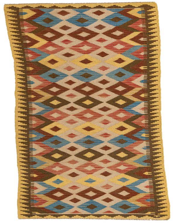 A 10 ft runner rug featuring a vibrant Southwestern diamond pattern in multi-colored wool, ideal for a hallway.