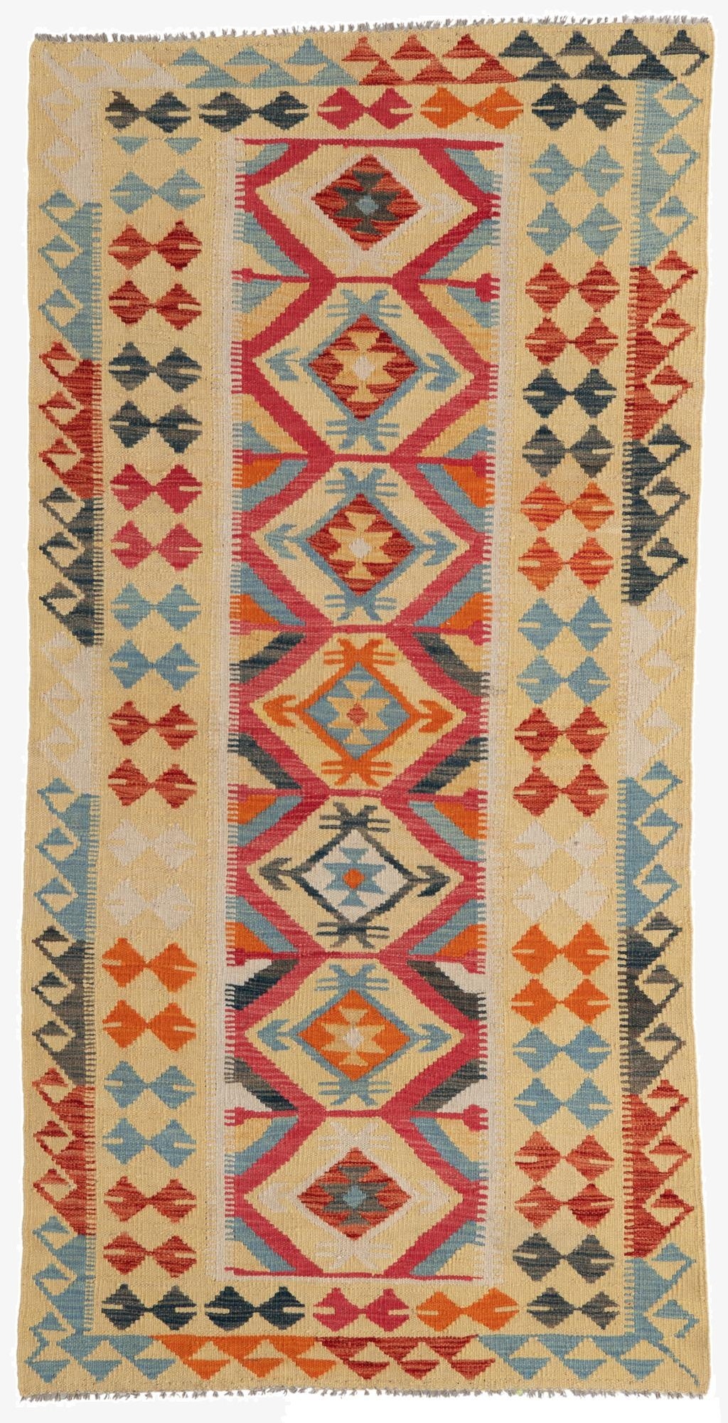  3' 4 x 6' 8  Hand Woven Kilim Maymana Wool Runner Rug