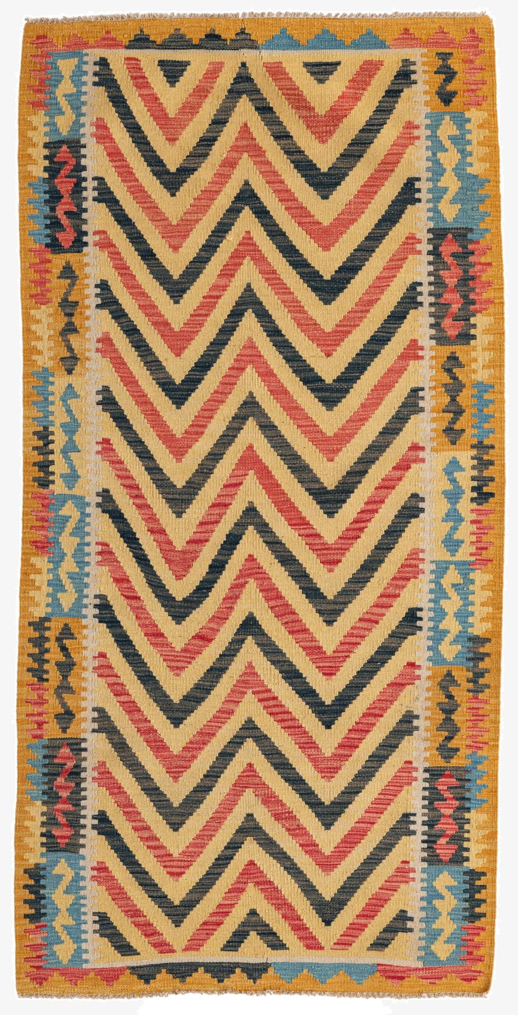  3' 4 x 6' 8  Hand Woven Kilim Maymana Wool Runner Rug