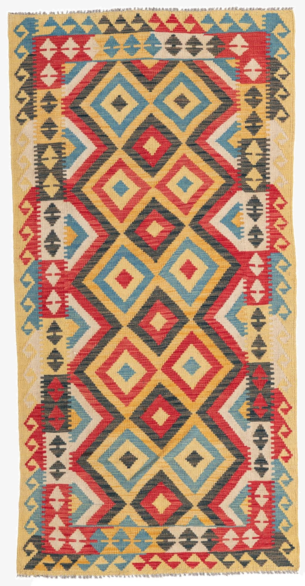  3' 4 x 6' 7  Hand Woven Kilim Maymana Wool Runner Rug