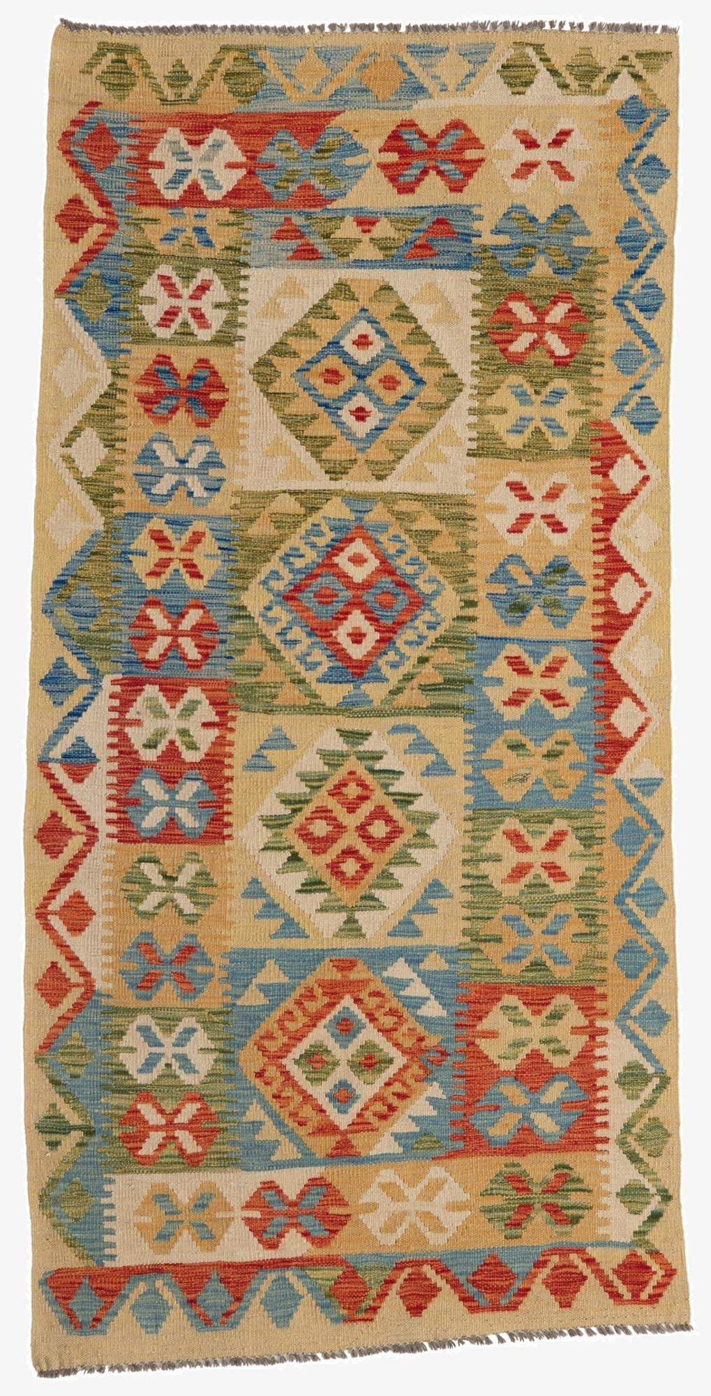  3' 4 x 6' 8  Hand Woven Kilim Maymana Wool Runner Rug