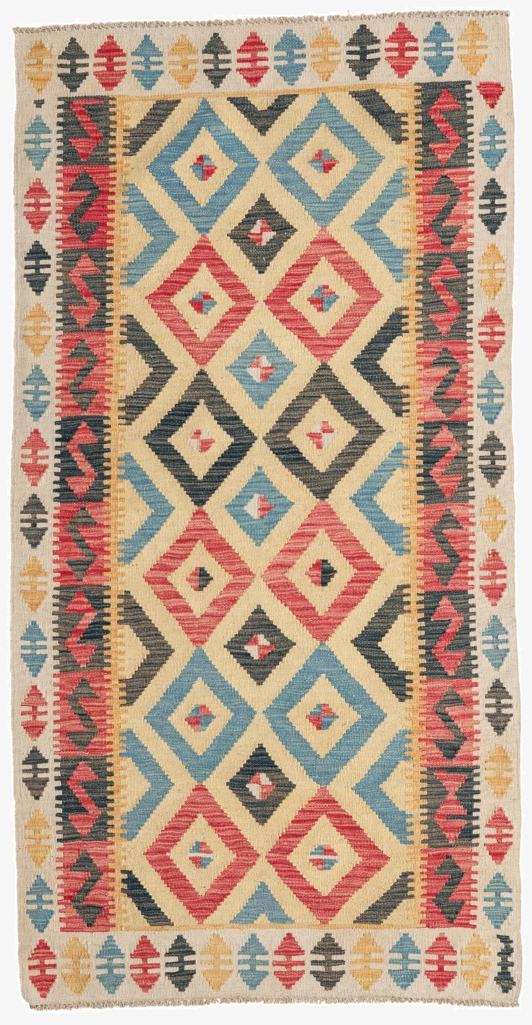  3' 4 x 6' 6  Hand Woven Kilim Maymana Wool Runner Rug