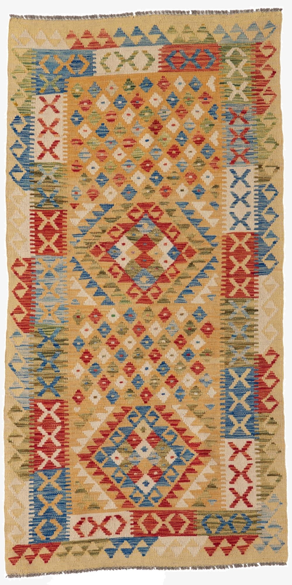 3' 4 x 6' 7  Hand Woven Kilim Maymana Wool Runner Rug