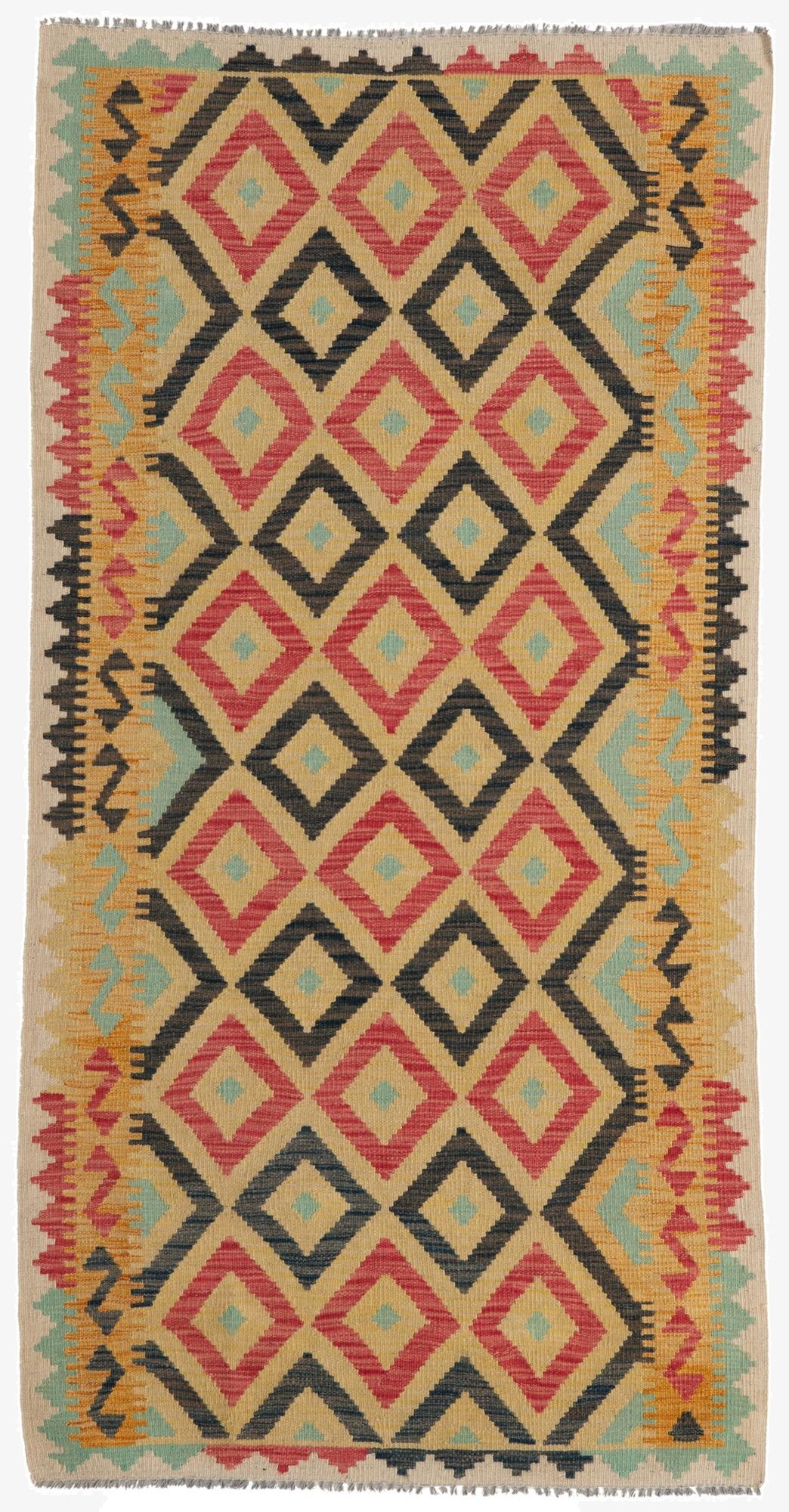  3' 5 x 6' 8  Hand Woven Kilim Maymana Wool Runner Rug