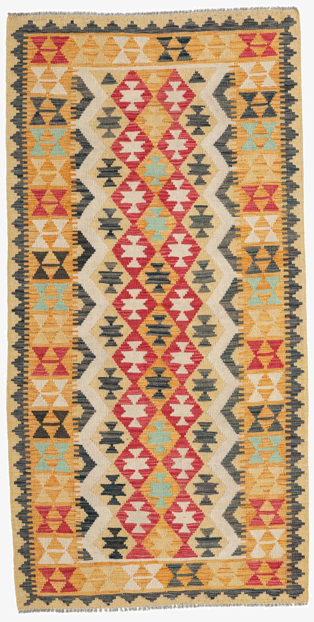  3' 5 x 6' 9  Hand Woven Kilim Maymana Wool Runner Rug