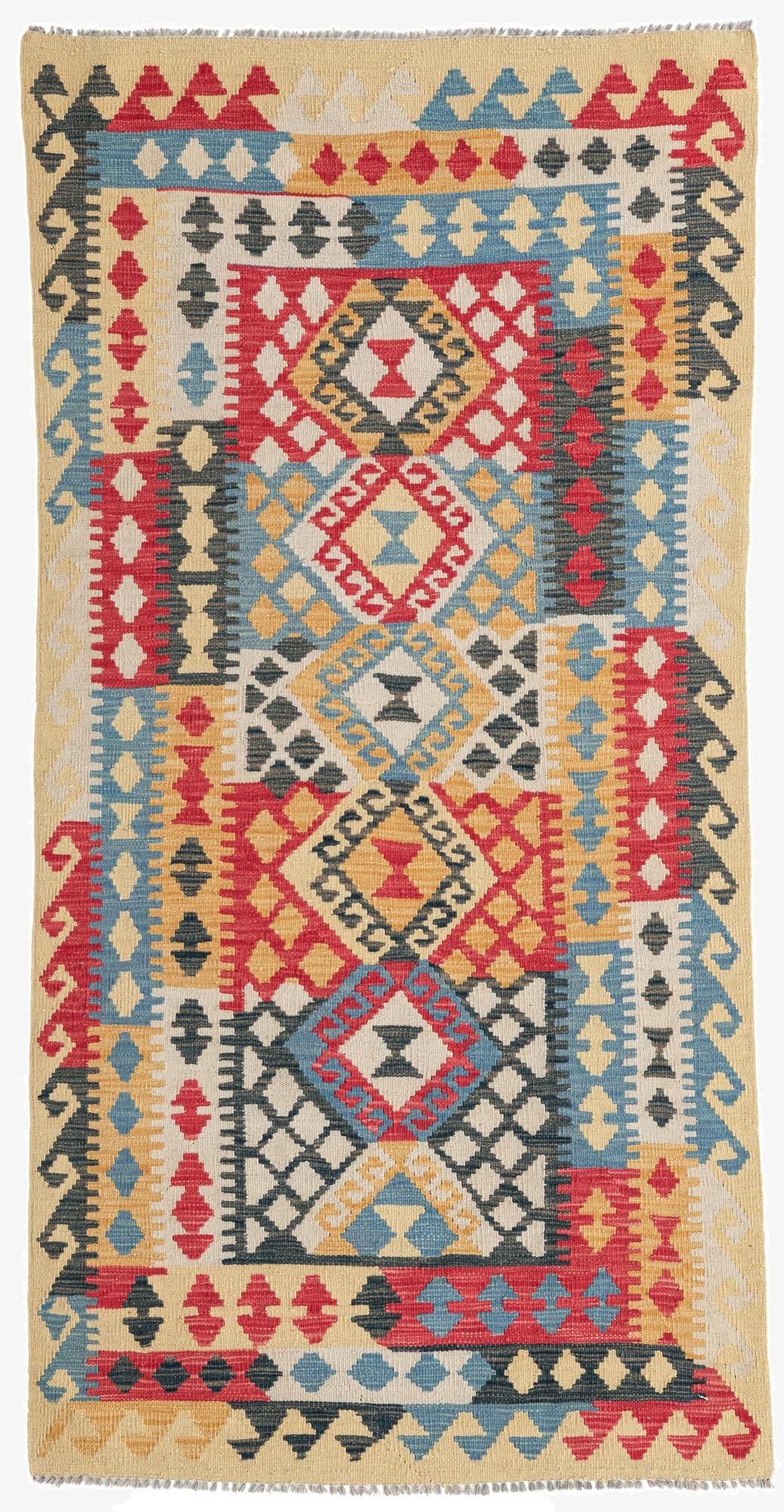  3' 4 x 6' 8  Hand Woven Kilim Maymana Wool Runner Rug