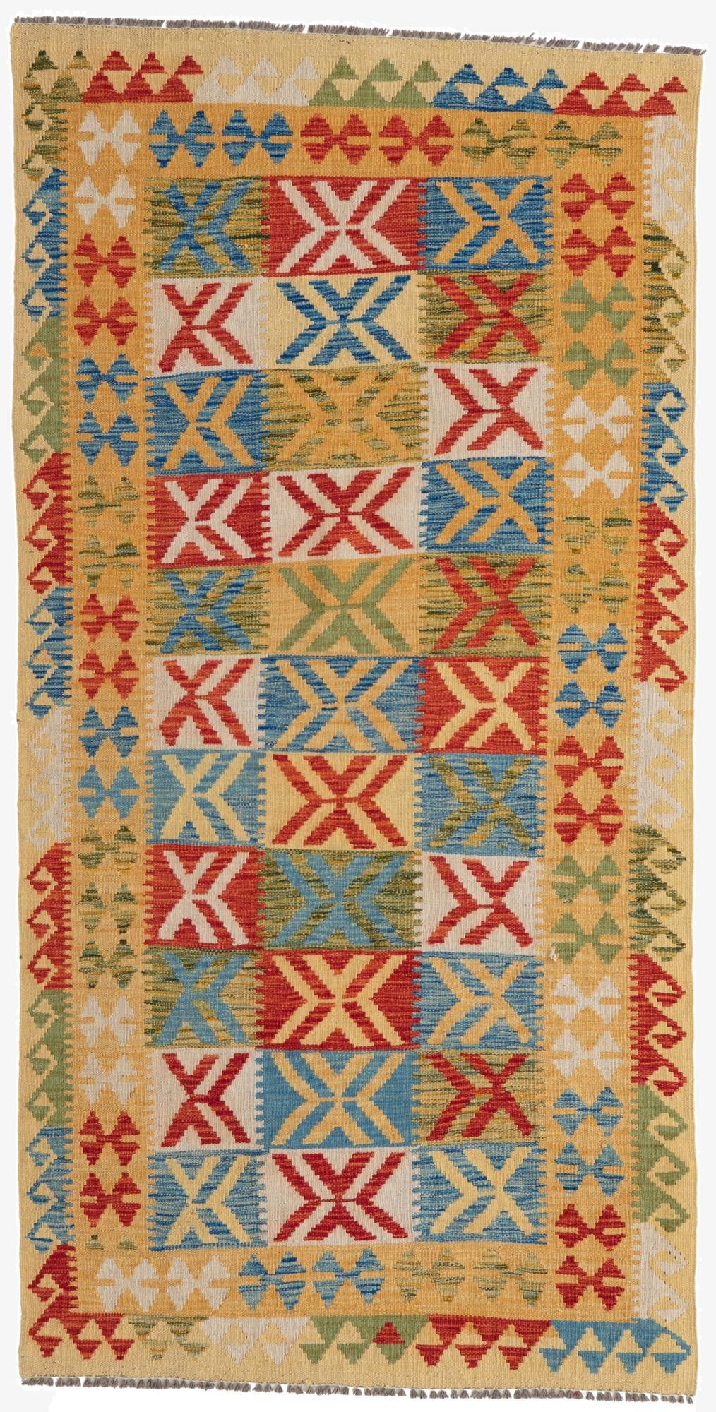  3' 4 x 6' 7  Hand Woven Kilim Maymana Wool Runner Rug