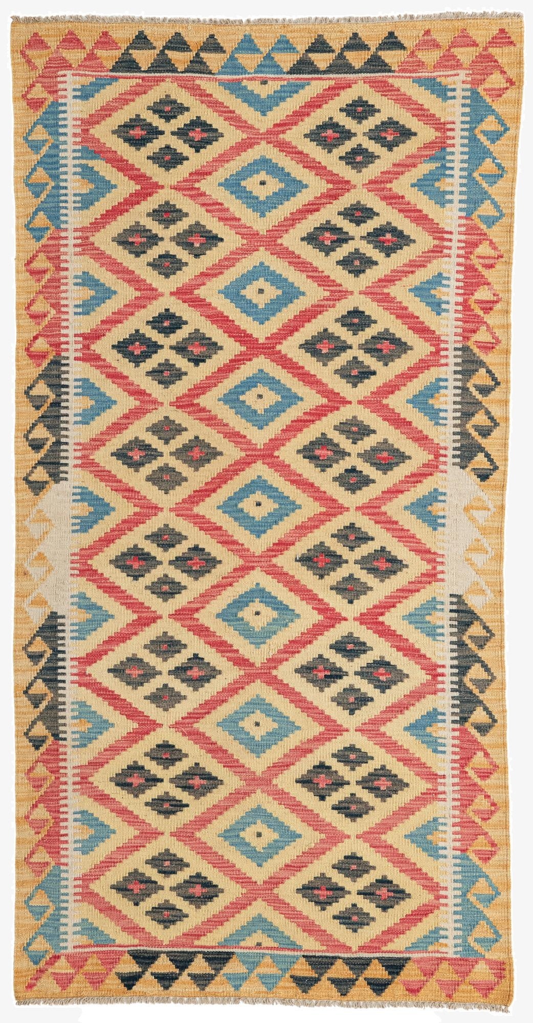  3' 4 x 6' 8  Hand Woven Kilim Maymana Wool Runner Rug