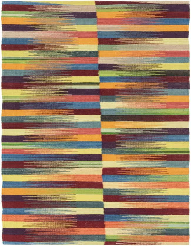 A vibrant 8 ft multi-colored wool runner rug from the Kilim Modern collection, featuring a tribal abstract pattern with horizontal stripes and a flatweave texture, ideal for a hallway or kitchen.