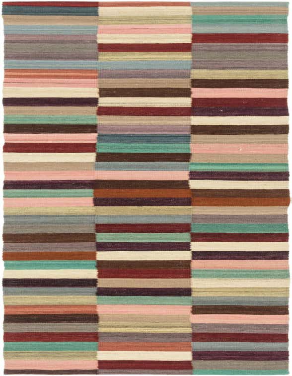 A 10 ft multi-colored wool runner rug featuring a modern stripe pattern in various earthy and pastel tones, ideal for a hallway.