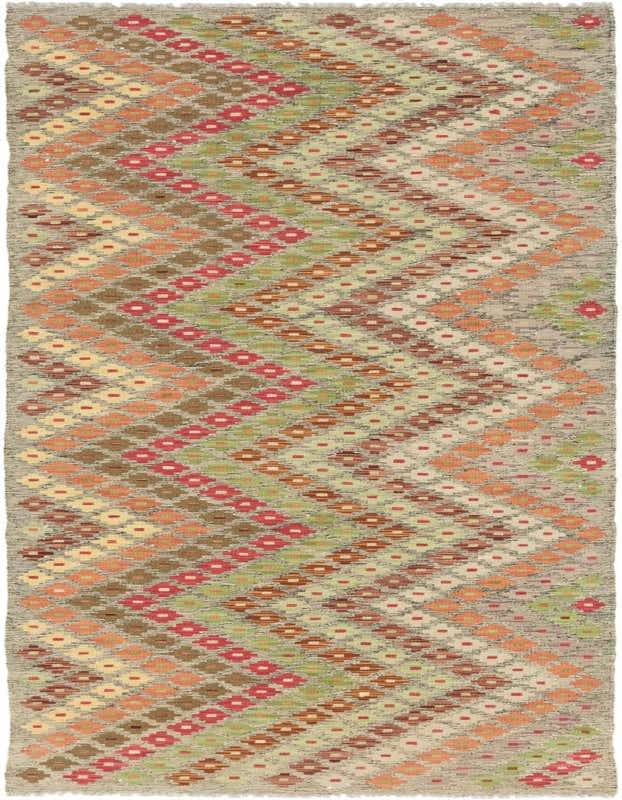 A 10 ft multi-colored wool runner rug with a tribal geometric pattern in shades of red, orange, green, and brown, ideal for a hallway.