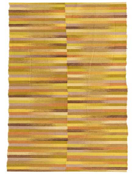 A 13 ft runner rug featuring a multi-colored striped pattern in shades of green, yellow, brown, and orange, ideal for a hallway.