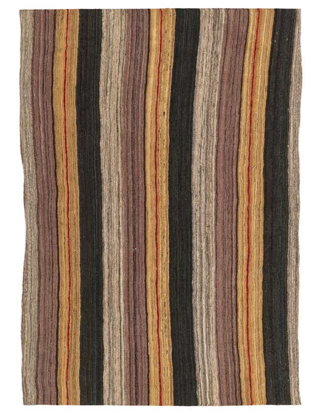 A 9 ft runner rug with vertical stripes in various shades of brown, black, beige, and golden yellow, accented with thin red lines, perfect for a hallway.