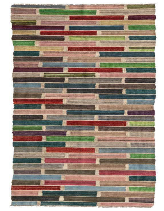 A 10 ft multi-colored wool runner rug with a modern tribal brick pattern, ideal for hallways.