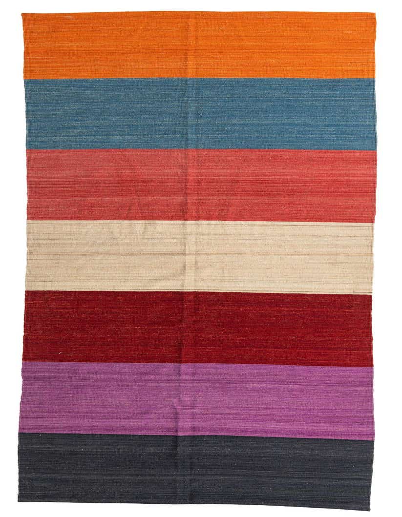 A 13 ft multi-colored Kilim Modern runner rug with horizontal stripes in orange, blue, red, cream, burgundy, purple, and charcoal.