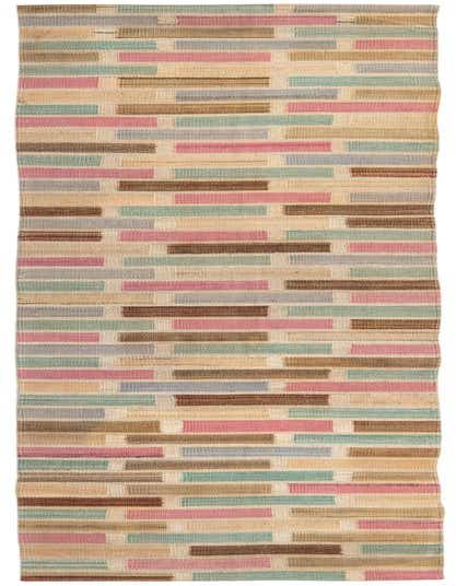 A 12 ft runner rug featuring a modern abstract pattern of horizontal blocks in pink, blue, brown, and beige.