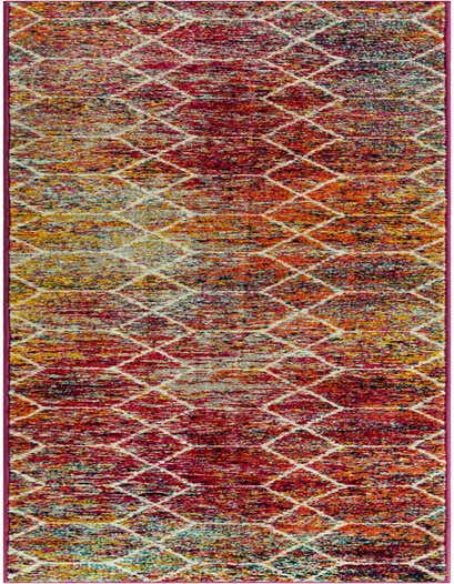 A 10 ft multi-colored runner rug with a modern trellis pattern, ideal for a hallway.