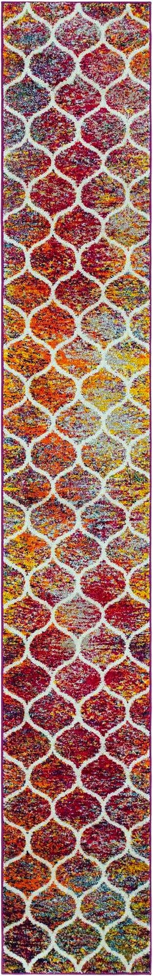 A vibrant 13 ft multi-colored runner rug with a modern white trellis pattern, perfect for a hallway.