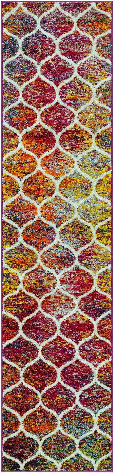 A 9 ft multi-colored runner rug featuring a modern white trellis pattern on a vibrant, speckled background, ideal for a hallway.