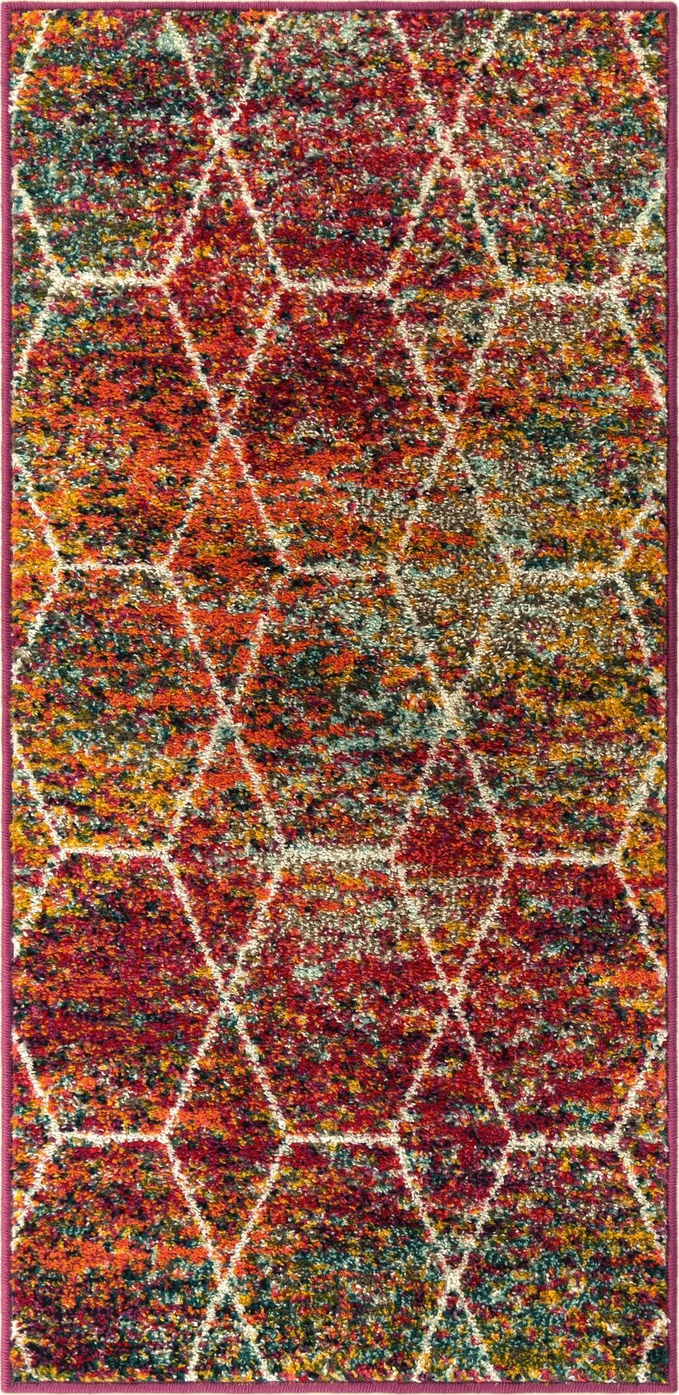 A vibrant 4 ft runner rug with a multi-colored, textured pile and a white contemporary trellis pattern, perfect for a hallway.