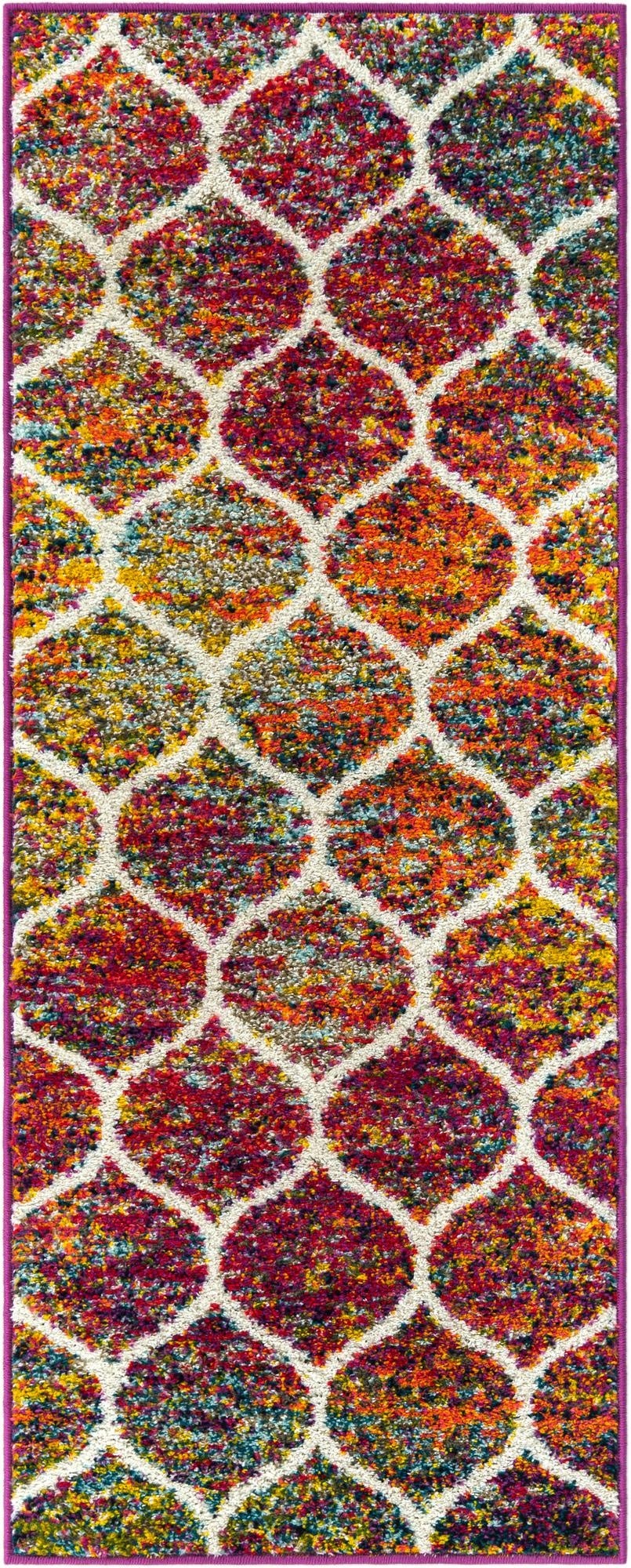 A vibrant 5 ft runner rug with a multi-colored, modern trellis pattern on a white background, ideal for hallways.