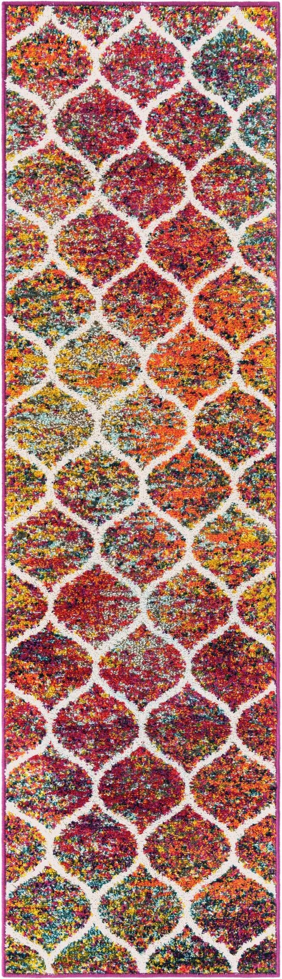 A vibrant 7 ft runner rug with a multi-colored trellis pattern on a cream background, ideal for a hallway.