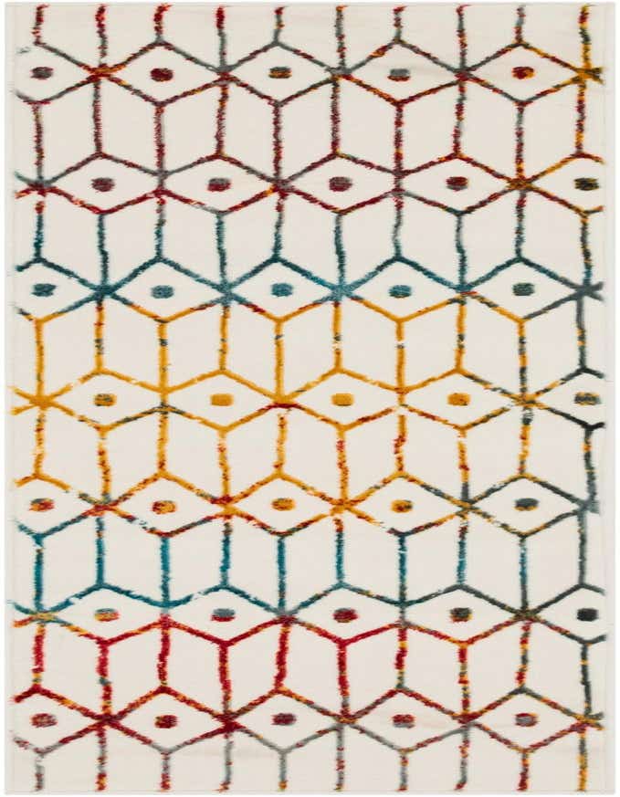 A 6 ft runner rug with a multi-colored trellis pattern on a white background, ideal for a hallway.