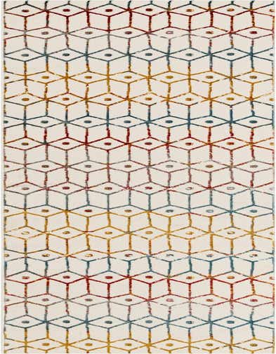A 13 ft runner rug with a modern coastal pattern of multi-colored geometric lattices in red, blue, and yellow on a white background, perfect for a hallway.