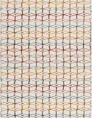A 16 ft runner rug with a multi-colored lattice trellis pattern in blue, red, and gold on a white background, ideal for a hallway.