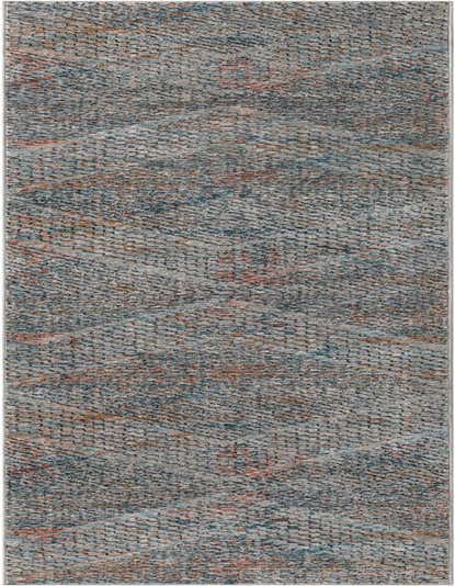A 13 ft multi-colored runner rug with an abstract farmhouse pattern, featuring shades of grey, blue, and orange, perfect for a hallway.