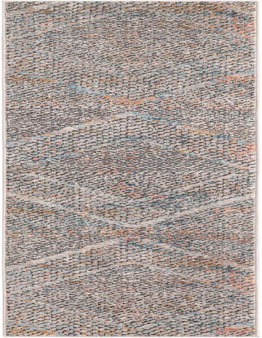 A multi-colored 8 ft runner rug with an abstract modern pattern and textured pile, ideal for hallways.