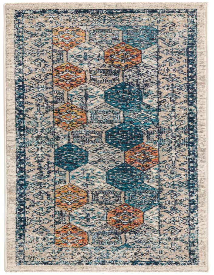 A 6 ft runner rug with a multi-colored traditional pattern, featuring distressed blue, orange, and beige hues, ideal for a hallway or kitchen.