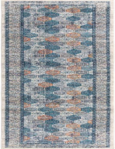 A 16 ft multi-colored runner rug with a distressed traditional and modern geometric pattern in blue, orange, and cream, ideal for a hallway.