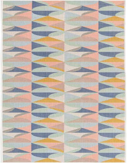 A 10 ft runner rug featuring a multi-colored geometric pattern with triangles and quarter-circles in peach, blue, mint, yellow, and gray.