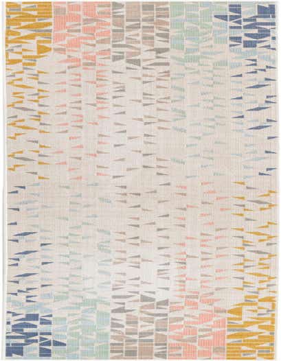 A 10 ft runner rug with a multi-colored abstract geometric pattern in shades of blue, green, pink, and yellow on a light background, ideal for a hallway.