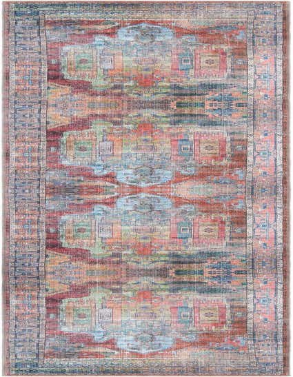 A 12 ft multi-colored runner rug with a traditional, vintage, and tribal medallion pattern, ideal for a hallway.