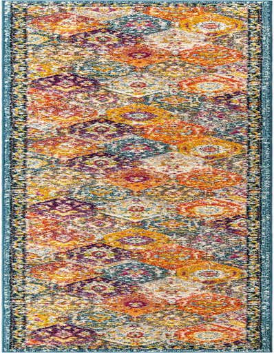 A 13 ft multi-colored runner rug with a distressed transitional trellis pattern in blues, oranges, purples, and yellows, ideal for a hallway.