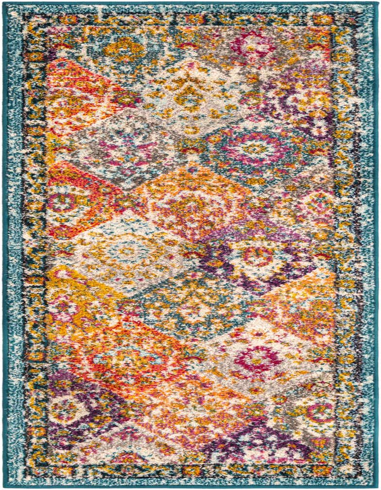 A vibrant 5 ft runner rug with a multi-colored transitional pattern, featuring teal, orange, purple, and yellow hues, ideal for a hallway.