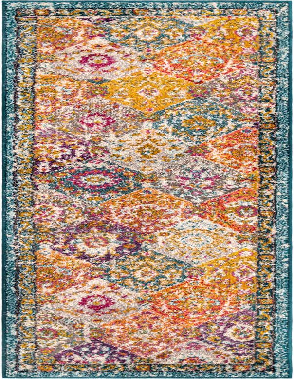 A 7 ft multi-colored bohemian runner rug with a vibrant trellis pattern and a teal border, perfect for a hallway.