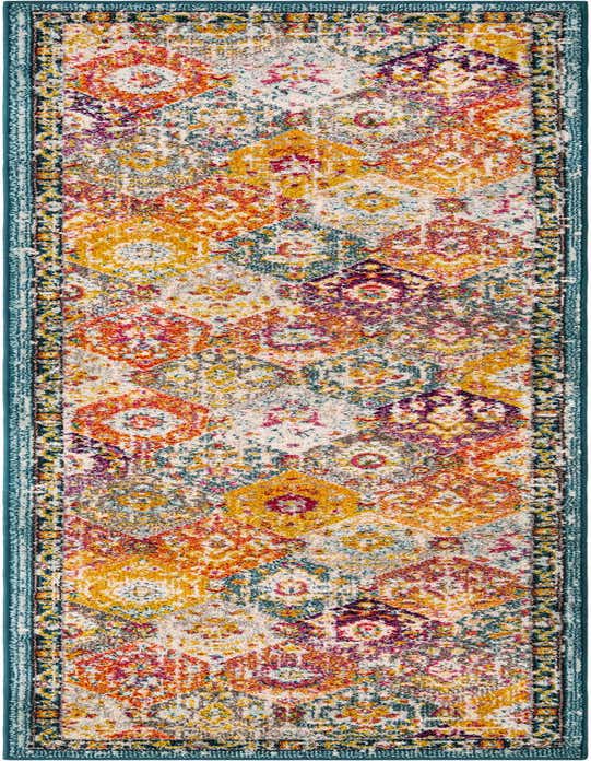 A vibrant 10 ft runner rug with a distressed multi-colored medallion pattern and a teal border, ideal for a hallway.