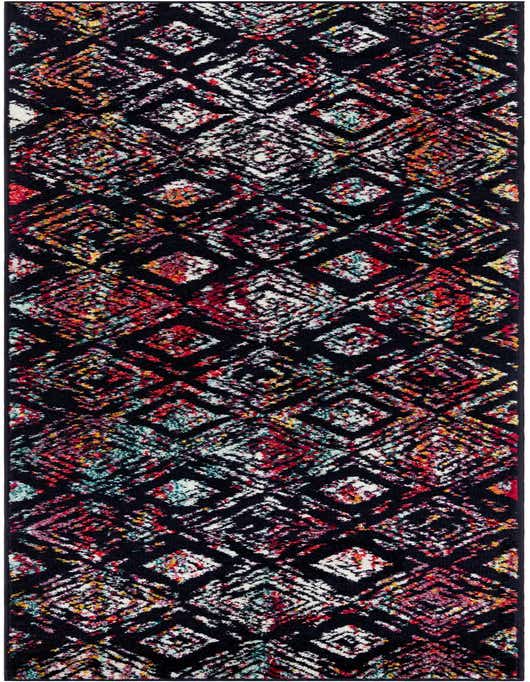 A 10 ft multi-colored modern runner rug with a black background and vibrant geometric diamond patterns, perfect for a hallway.