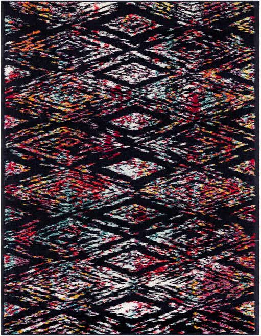 A multi-colored modern runner rug with a black background and vibrant abstract geometric patterns, ideal for a hallway or kitchen.