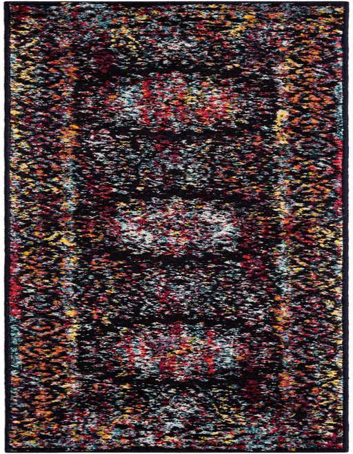 A vibrant 8 ft runner rug with a multi-colored speckled pattern on a dark background, perfect for a hallway.