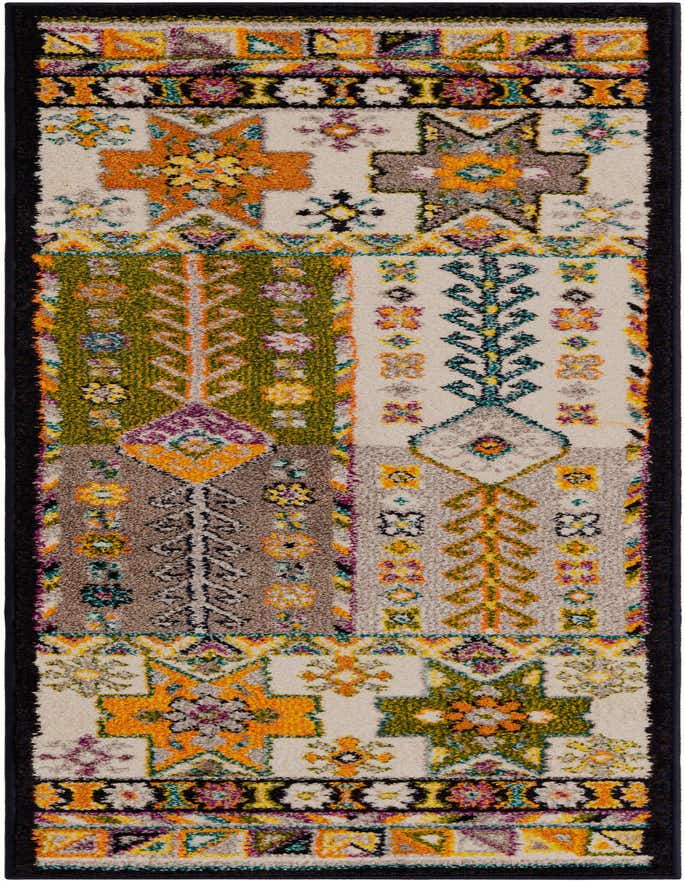 A vibrant multi-colored runner rug with a geometric and floral patchwork design, featuring shades of orange, green, purple, and teal on a cream background, bordered by black.