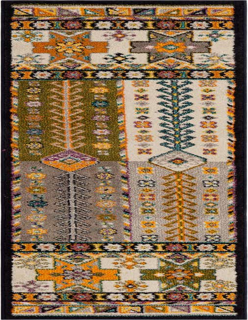 A vibrant 8 ft multi-colored runner rug with a patchwork design featuring geometric and floral patterns in various shades of orange, green, grey, and cream, bordered by a dark edge.
